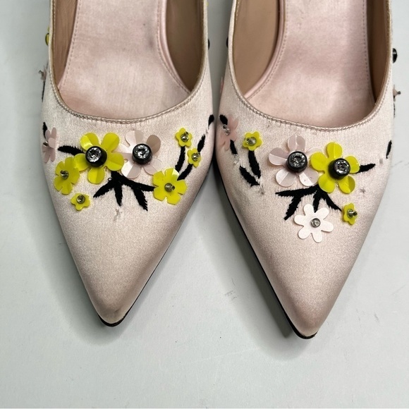 Giambattista Valli Blush Pink Luxury Satin Yellow Floral Embroidered Kitten Heel - Picture 2 of 14